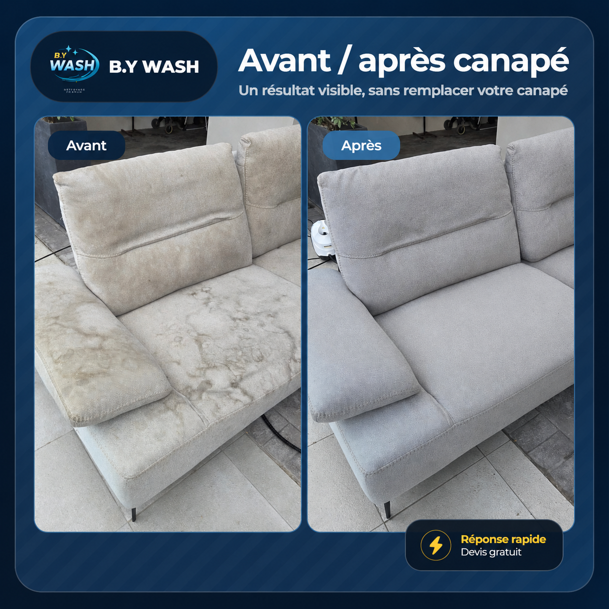 Avant après nettoyage de canapé textile par B.Y WASH